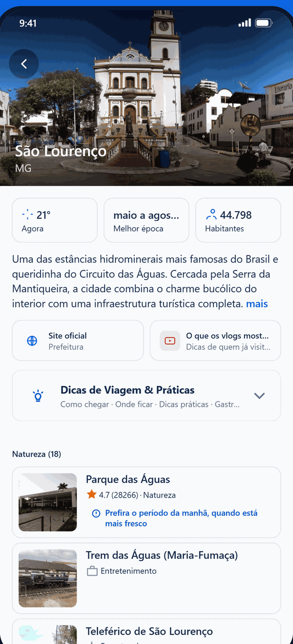Tela de detalhes de cidades no aplicativo O que Fazer