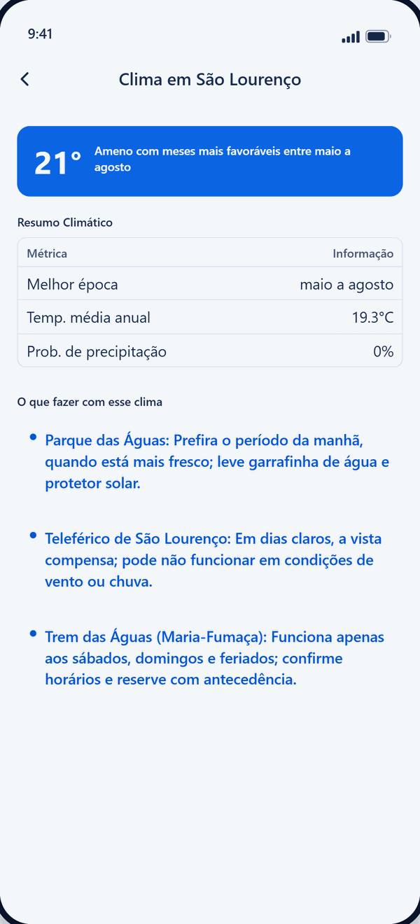 Tela de clima ao vivo e recomendações no aplicativo